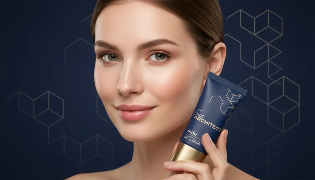 Gros plan esthétique d'une femme appliquant un soin visage Mihi, illustrant l'innovation cosmétique aux exosomes et la qualité pharmaceutique européenne.