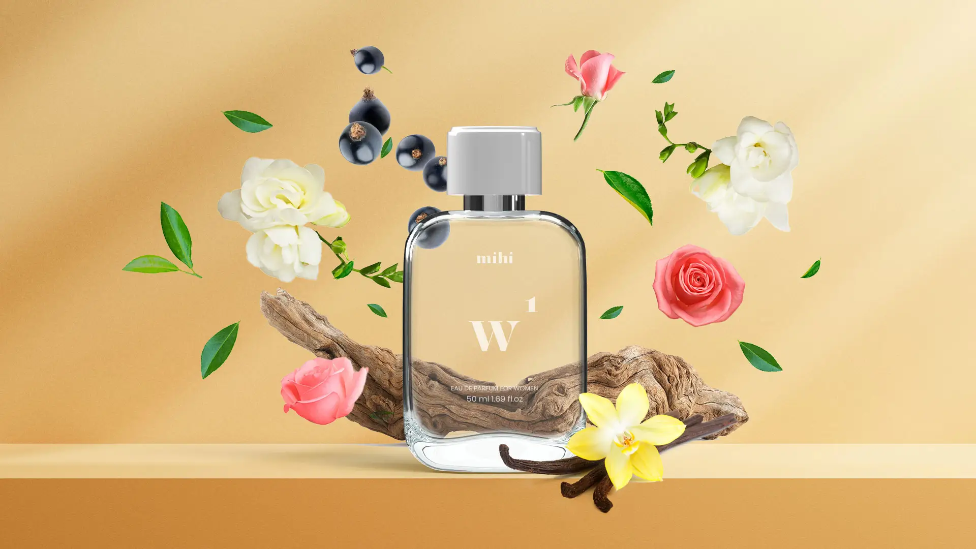Flacons de parfums Mihi d'inspiration de luxe, symbolisant la haute parfumerie européenne accessible et la qualité des actifs.