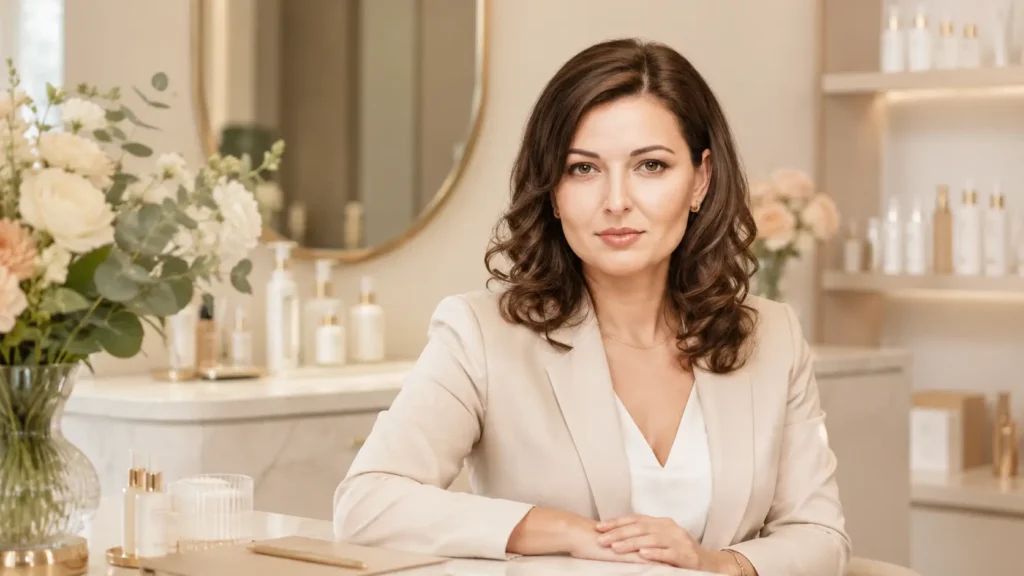 Blerina, conseillère beauté Mihi dans les Deux-Sèvres, dans un espace de conseil beauté professionnel et élégant.